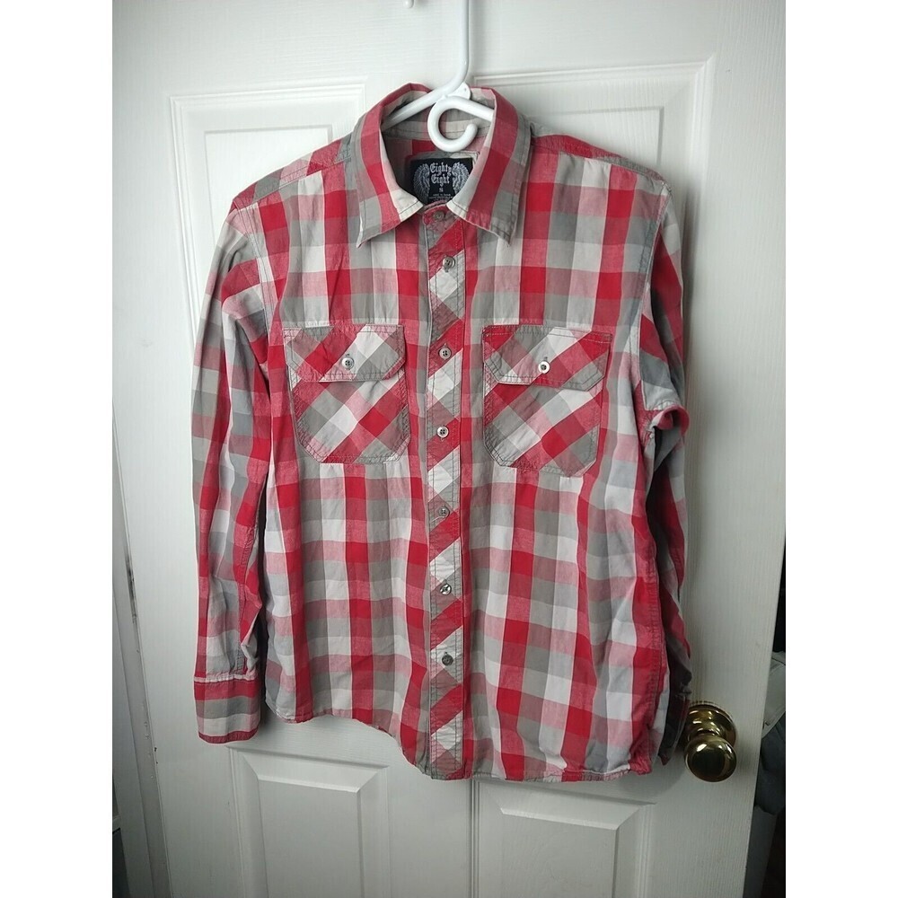Eighty Eight Men's Red Grey Check Long Sleeve Shirt. Size S